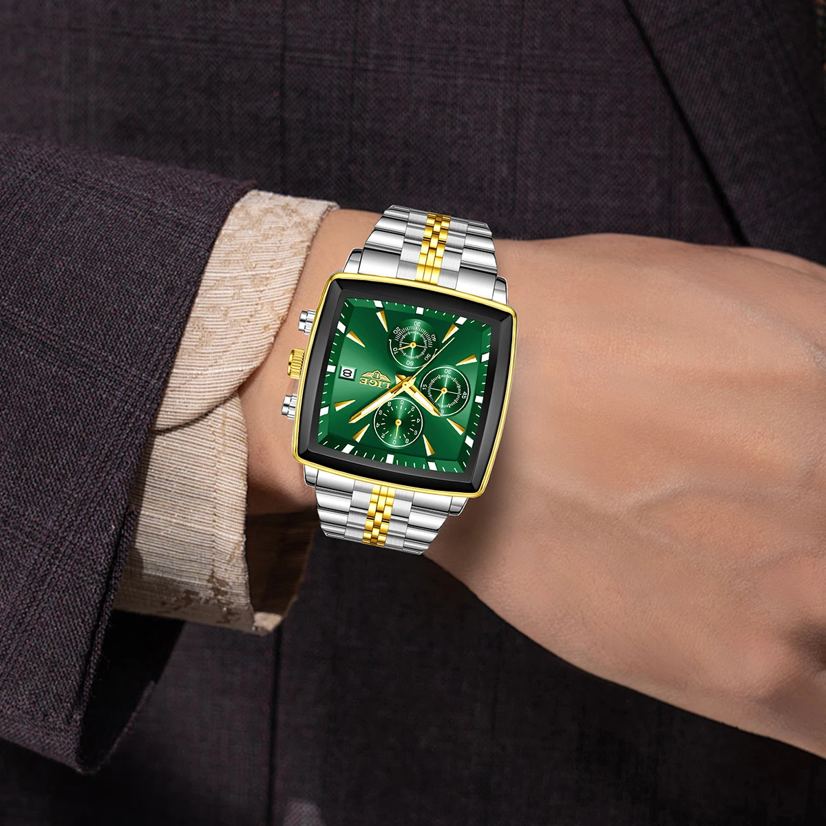 LIGE トップブランドの高級クォーツ時計スクエアステンレスファッションカジュアルクロノグラフ腕時計男性用スポーツ防水男性用腕時計