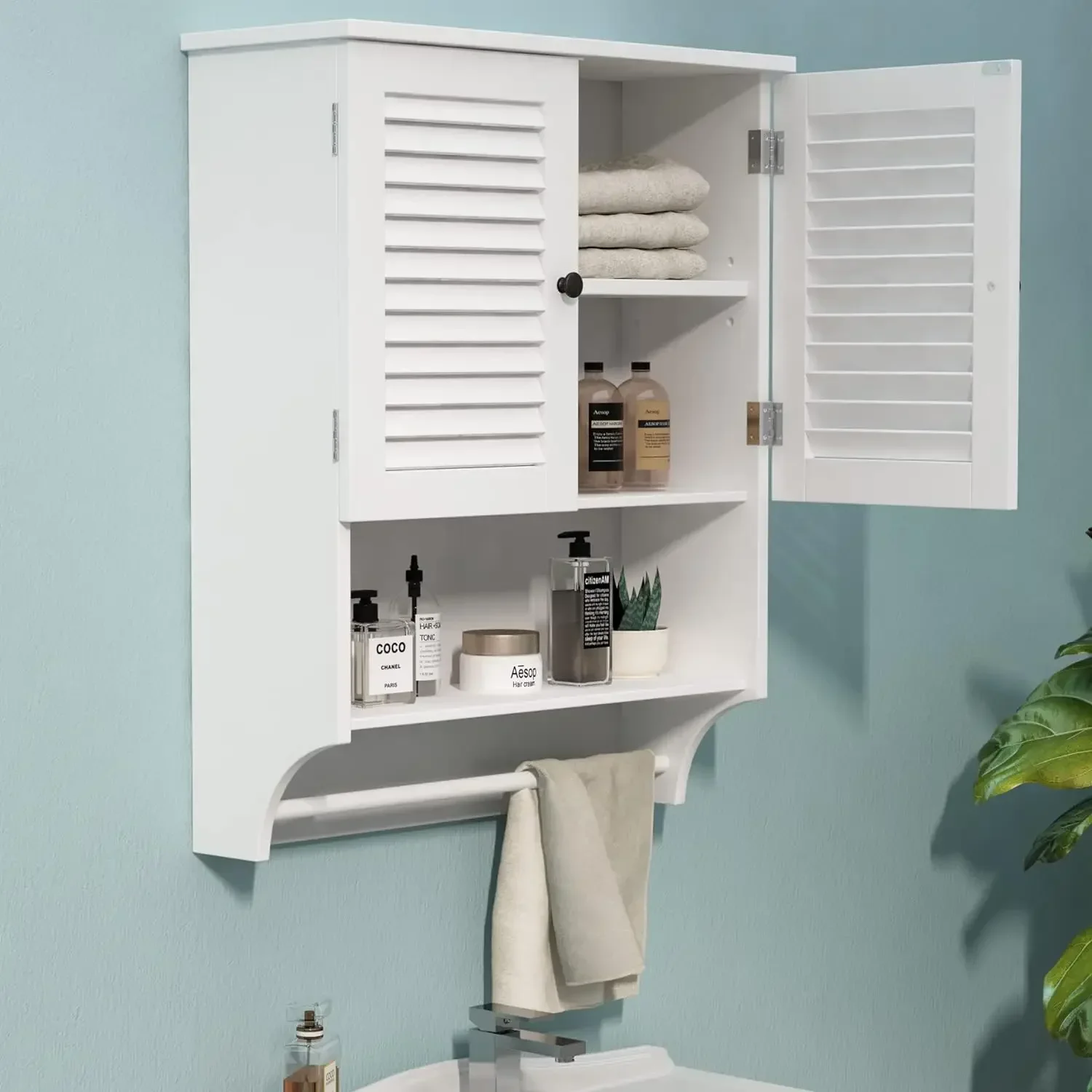 

Medicine Cabinet with Towels Bar MDF Material Bathroom Wall Cabinet, 2 Doors Over The Toilet Space Saver Storage Cabinet