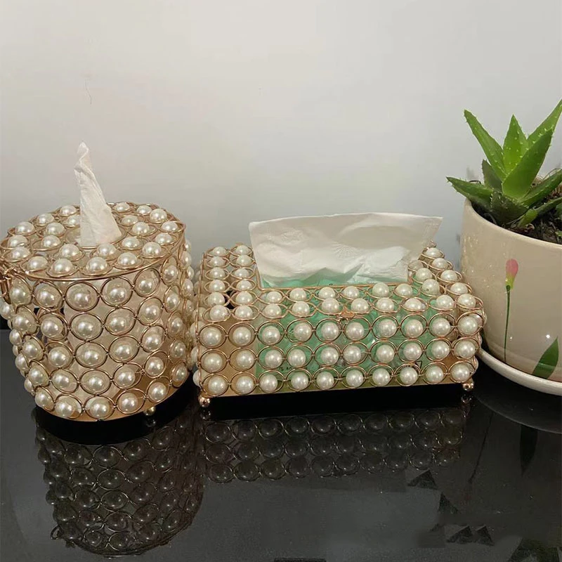 Luxury White Pearl Gold-plated Tissue Box Transparent Crystal Tabletop Napkin Pumping Paper Storage Box Inlaid with Golden Pearl