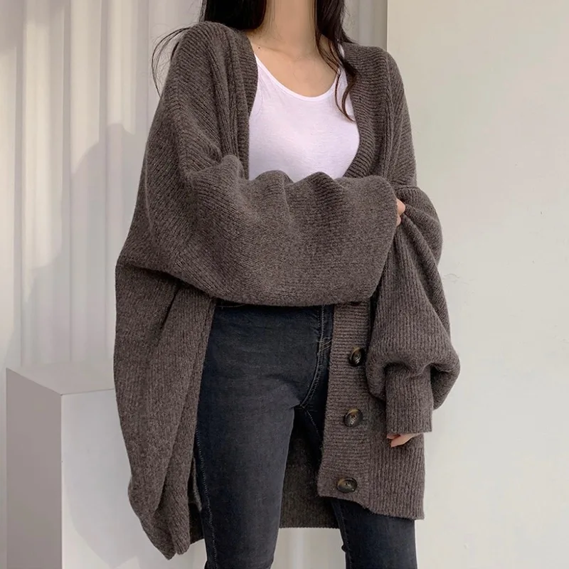 V-neck Button Up Knitted Cadigan Coat Thicked 2023 Autumn Winter Korean Vintage Lantern Sleeve Oversized Sweater Cardigan femme