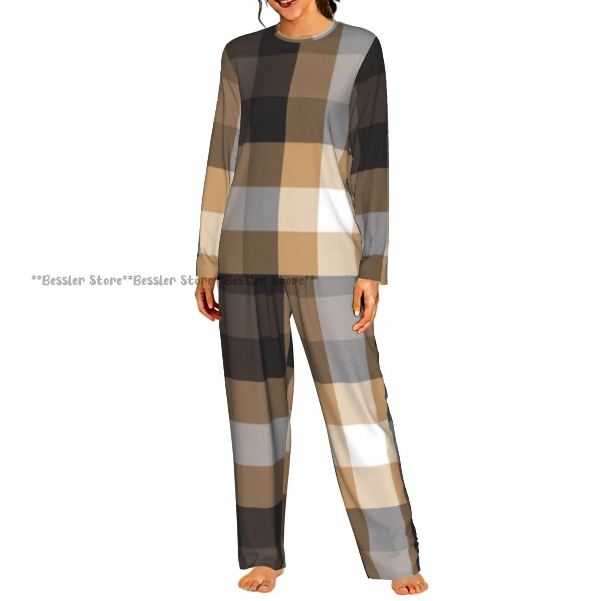 Women Round Neck Pajama Suit Long Sleeve Tops Long Pants Classic Plaid Checkered Tartan Background Ladies Nightwear Home Outfit