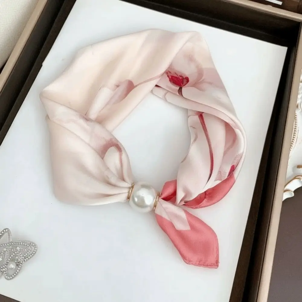 New Pearl Buckle Silk Scarf Thin Soft Neck Scarf Printed Lightweight Neckerchief Women