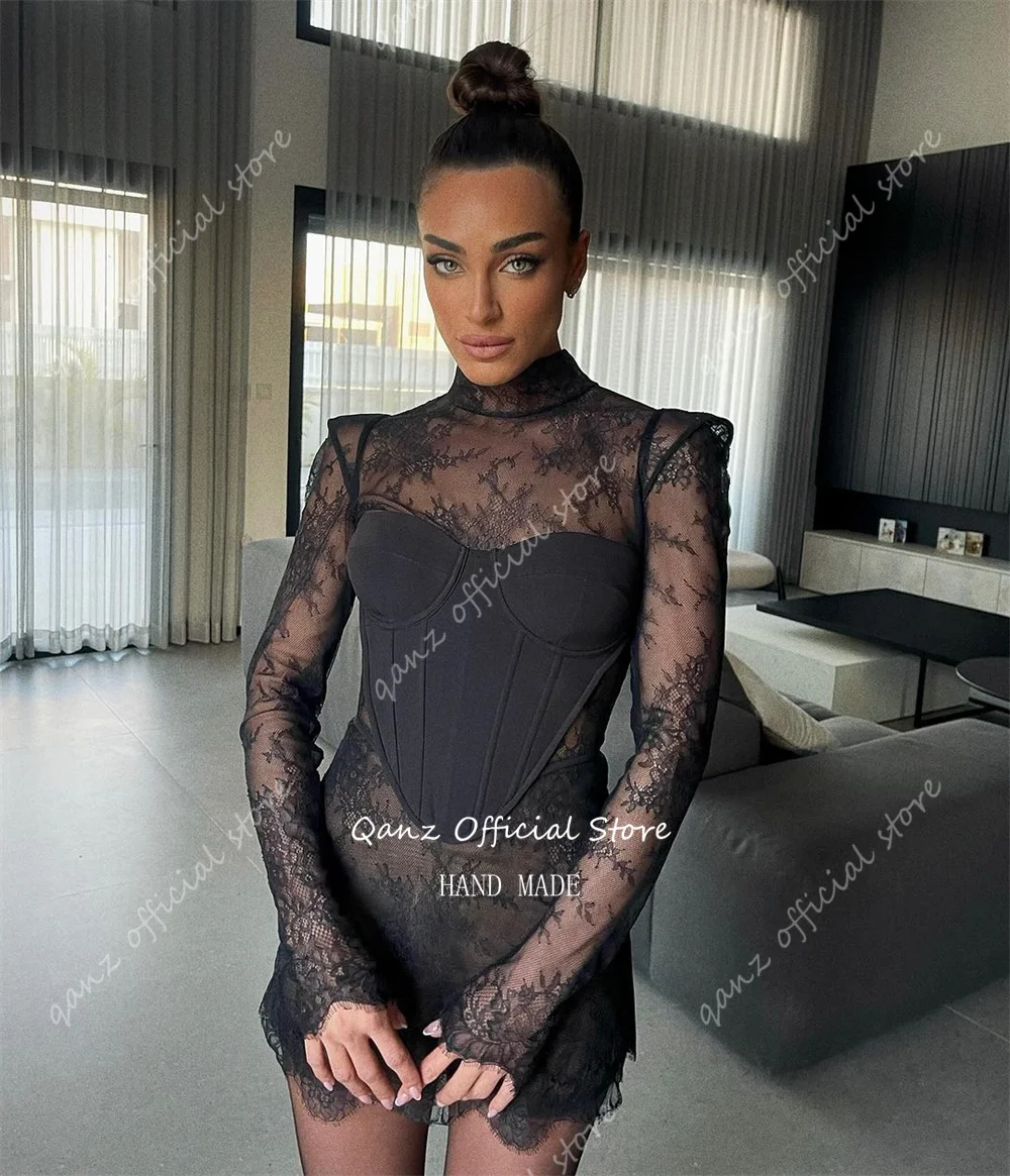 Qanz Modern High Neck Black Prom Dresses Long Sleeves Customized Luxury Birthday Corset Dress Short Mini Mermaid Robes De Soirée