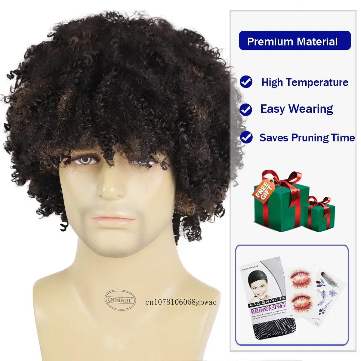 Synthetic Short Mix Brown Wig for Black Men Afro Kinky Curly Wigs with Bangs Fluffy Bouncy Curls Hair Rocker Wig Daily Cosplay