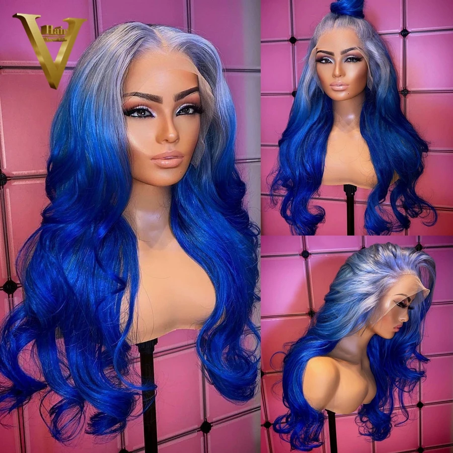 

Ombre Grey Blue Color Wigs Preplucked Indian Human Hair Body Wave Lace Front Wig For Women 30 32 Inch Closure Wig With Baby Hair