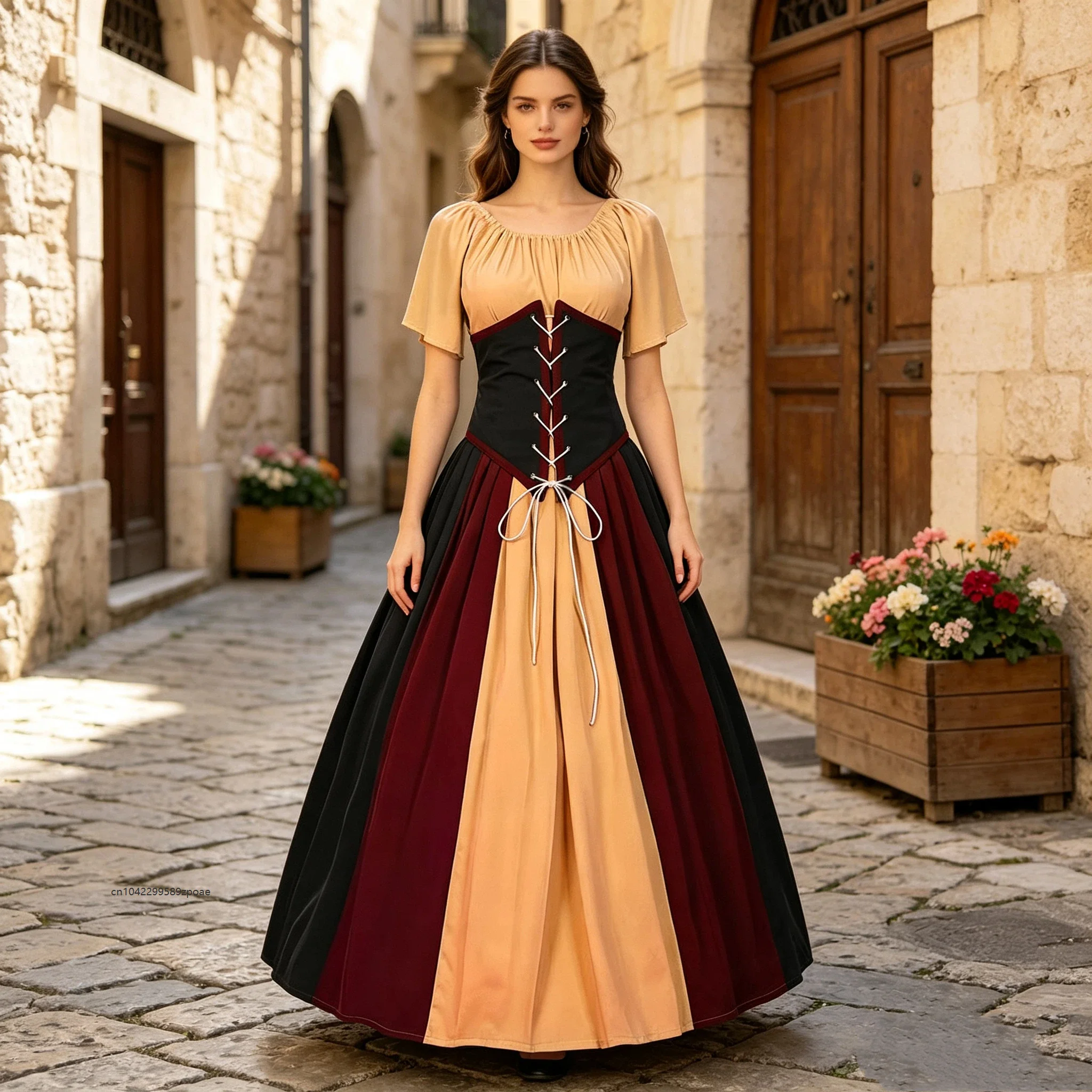 Vestido Medieval Retro para Mujer, con Contraste de Color, Costuras de Encaje, Mangas Volantes, Diseño de Parches, para Eventos Nocturnos, Halloween, con Cuello Sencillo y Lazos