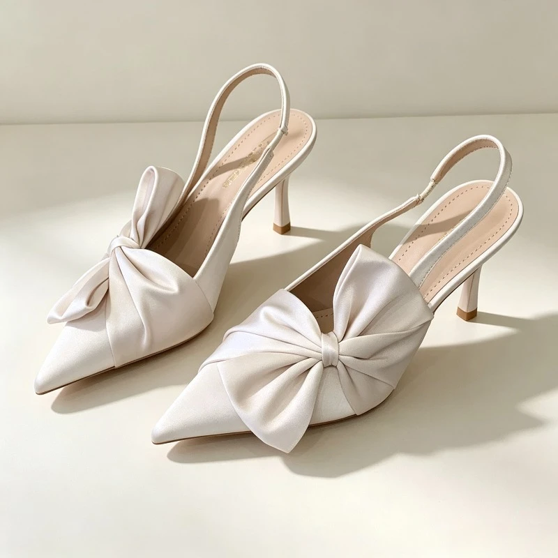 Bow Details Designer Heels for Women Summer Stiletto Heels Mules Dress Shoe Satin Pointed Toe Pumps Sexy Slingback Women Sandals