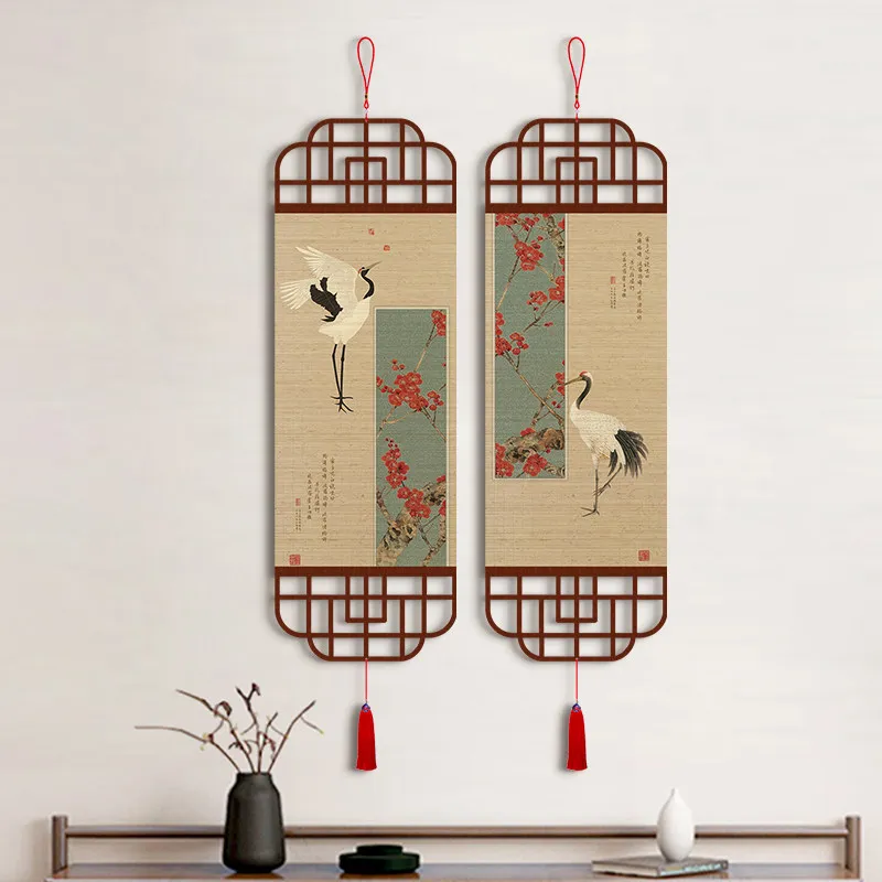 Chinese Crane Artistic Conception Bamboo Woven Hanging Painting Entrance Decor Bamboo Curtain Painting Tea Room Living Room