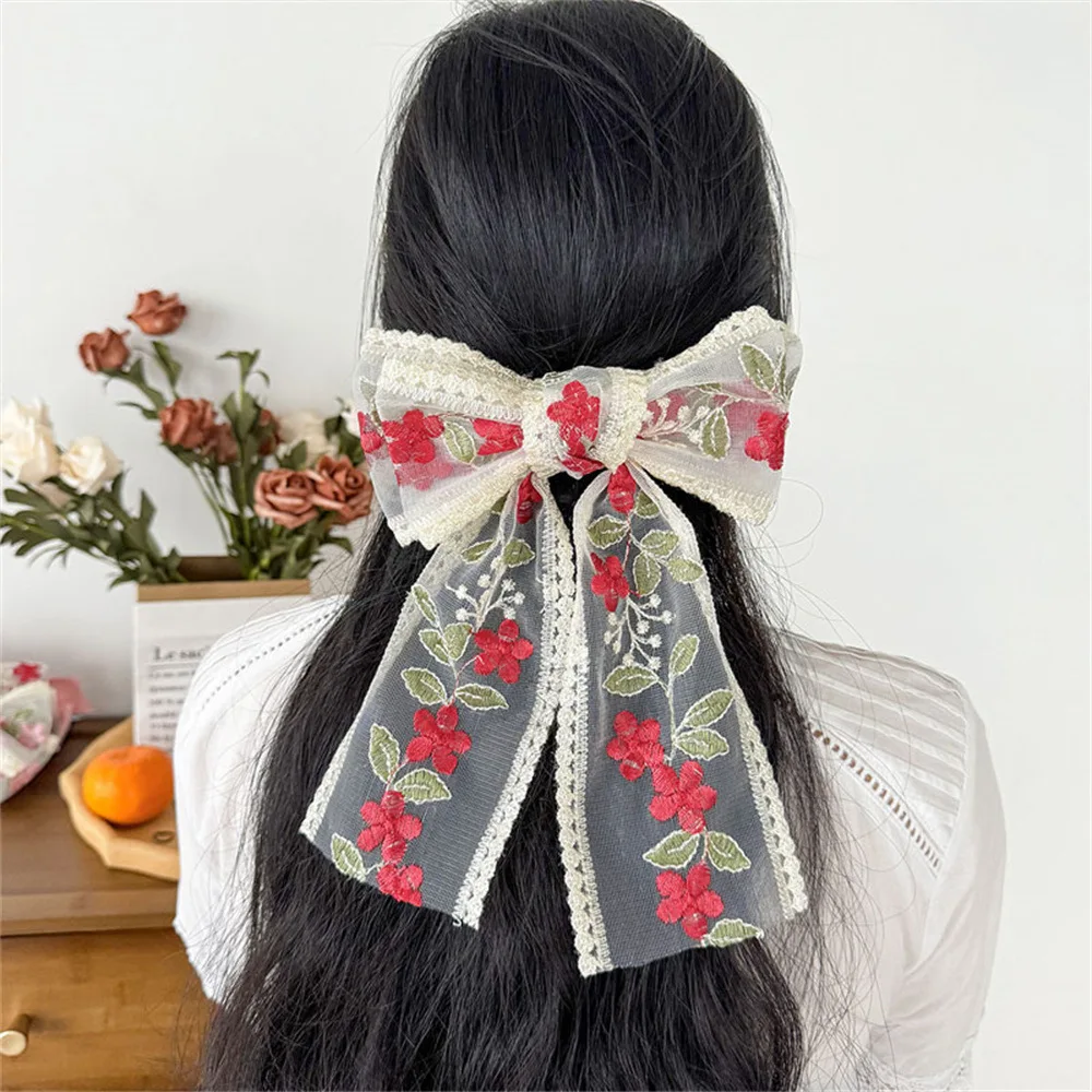 

New Chinese Lace Embroidered Large Bow Hair Clip - Fresh Sweet Cute Spring Hairpin for Girls Teenagers - Floral Hair Accessories