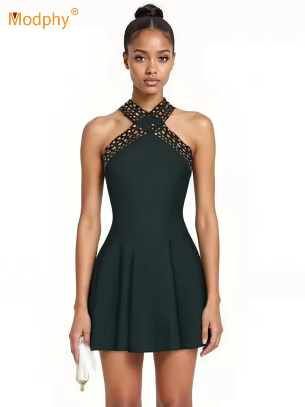 

Modphy 2025 Summer New Hole Cross Splicing Short Style Big Swing Dress Women's Solid Color Elegant Party Club Festival Dresses