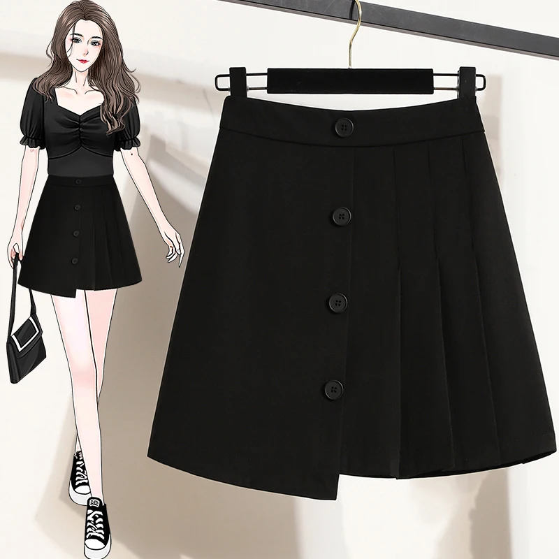 

High Waist A-Line Midi Skirt Black Pleated Slimming Suit Women's Fashion Summer 2026 New Style plus Size Korean Commute Wind