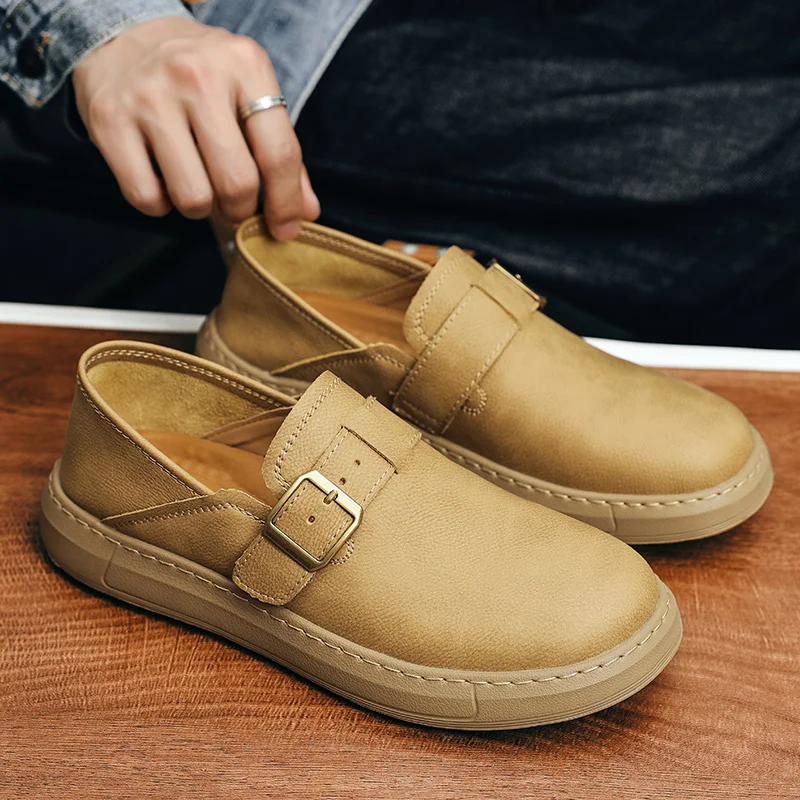 Careaymade-Genuine Leather wide version Men's shoes,Slip-On Casual Shoes Breathable Shoes Fashio thick sole Versatile man shoes