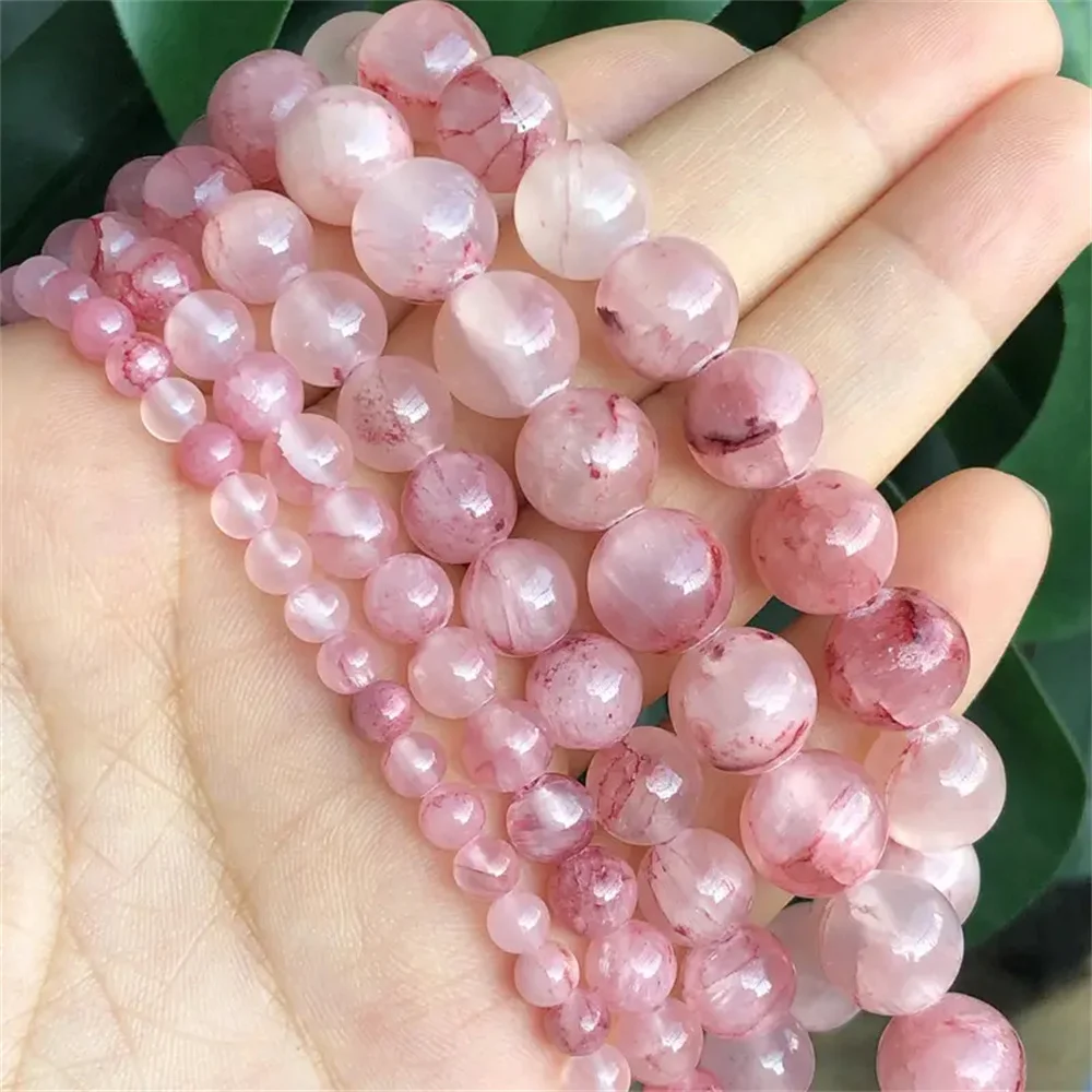 Natural Stone Cherry Veins Chalcedony Jades Beads Round Loose Spacer Beads For Jewelry Making DIY Bracelet Necklace Beads