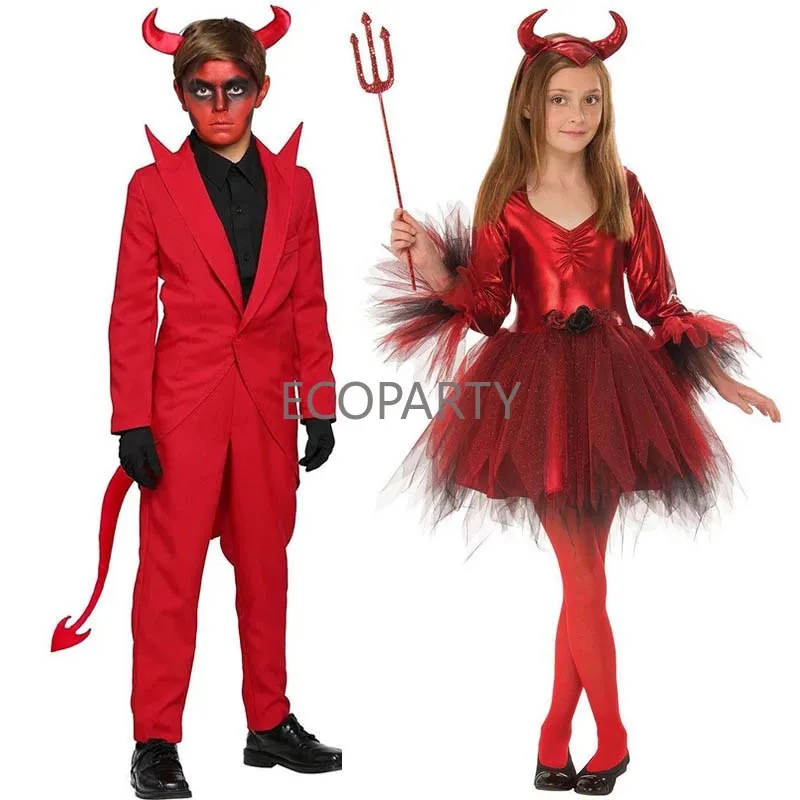 Halloween Role-Play terno vermelho, diabo diabo traje set, inclui falso dois tops, calças, diabo chifre Headband, Pitchfork, novo, 2022