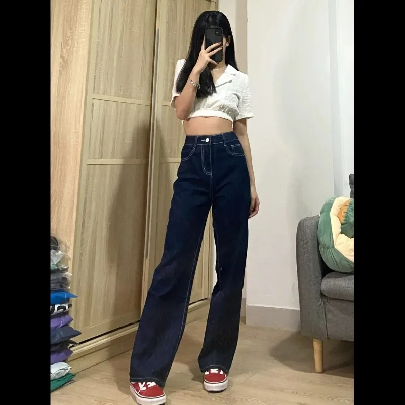 جينز متين فضفاض غير رسمي بنطال ذو قصة أرجل واسعة سروال مستقيم أساسي عالي الخصر موضة النساء 2025 خريف شتاء ملابس الشارع الشهير جينز للسيدات