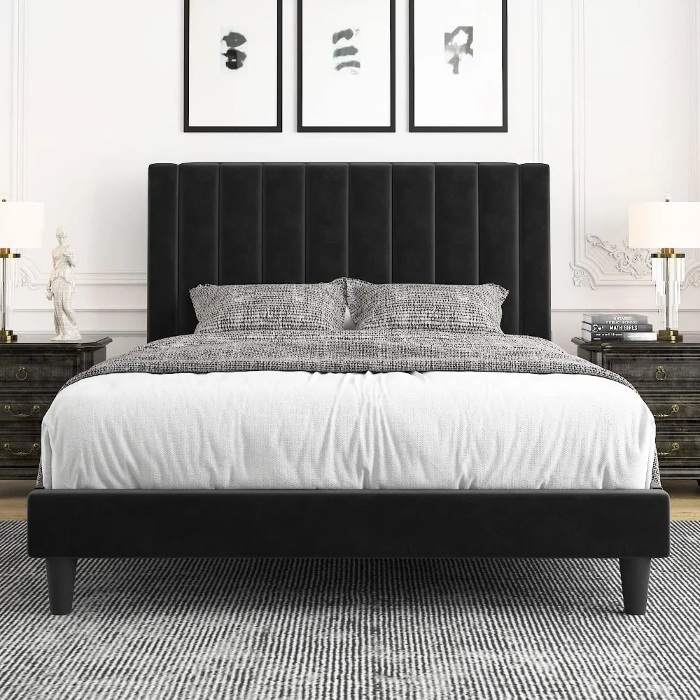 

Queen Bed Frame/Velvet Upholstered Bed Frame with Vertical Channel Tufted Headboard/Strong Wooden Slats/Platform Bed Frame