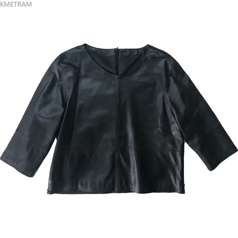 Chaqueta de piel de oveja auténtica para mujer, abrigo de media manga con cuello redondo, prendas de vestir, Tops, 2024