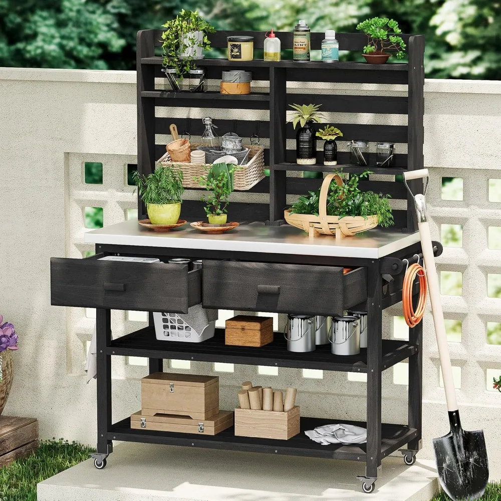 

Outdoor Potting Bench Table, Outdoor Wood Workstation Table with Lockable Wheels, Stainless Steel Top, Towel Rack, Solid