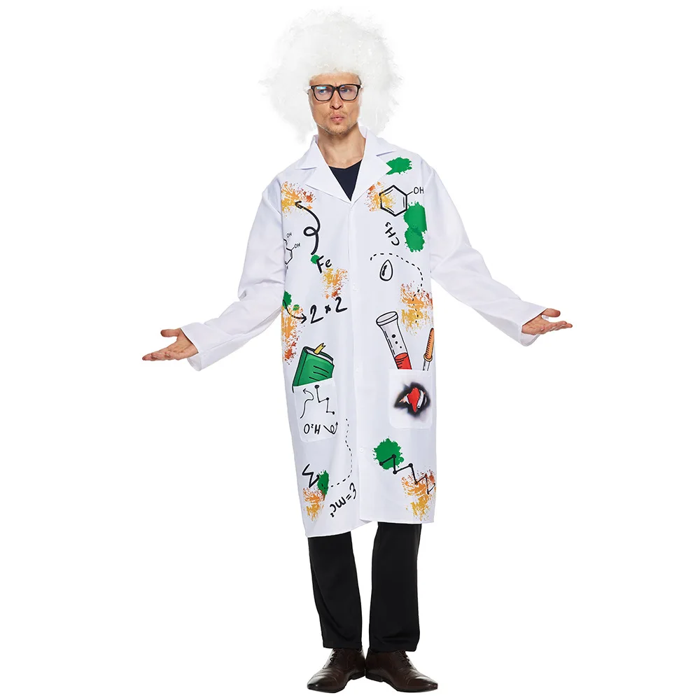 Adult Mad Scientist Costume Halloween Role Play Costume White Coat Wig Outfit Chemical Lab Uniform Carnival Purim Fancy Jacket