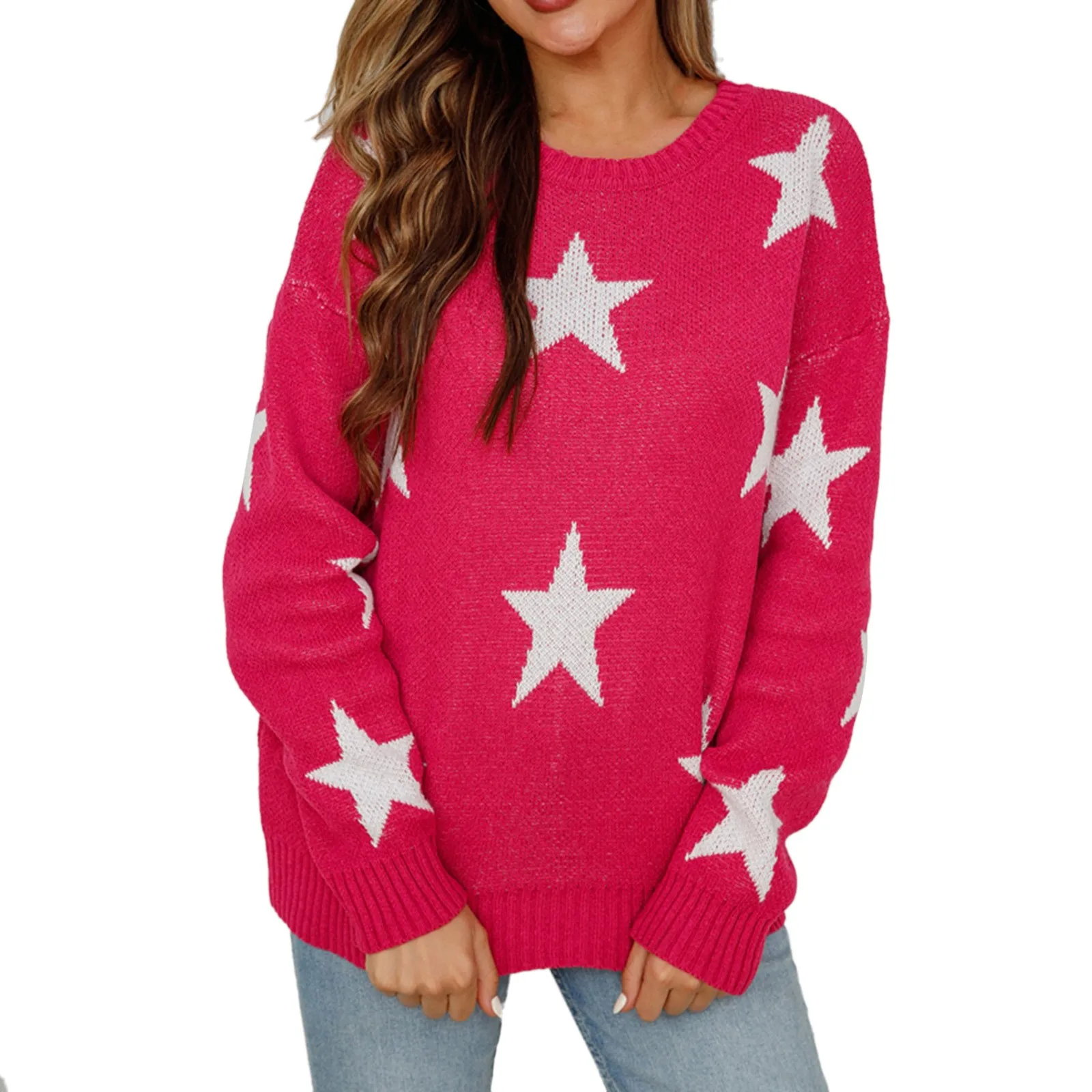 2024 New Workout Sweater Women Tops Long Sleeve Sweaters Casual O Neck Star Knit Pullover Sweater Top Short Y2K Clothes Sueter