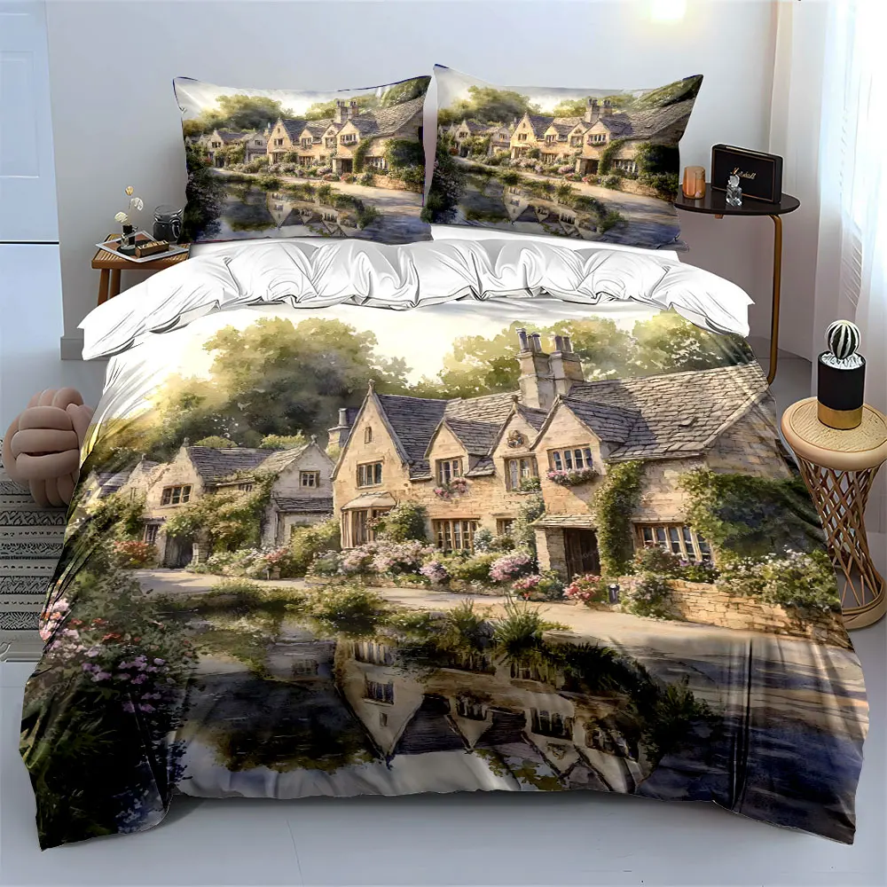 Rustic countryside stone houses by the lake Print Bedding set 3PC 1 duvet cover 2 pillowcases adult and children bedding set