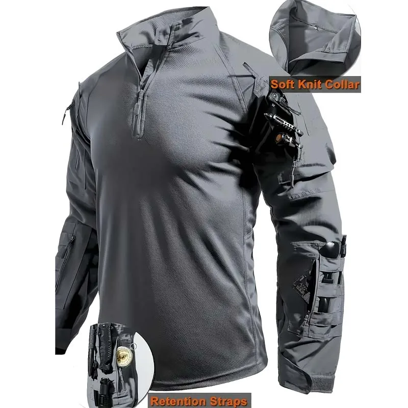 Men's Outdoor Tactical Wetsuit Sports Training Long-Sleeve T-Shirt Tops Hiking Training Hunting Shirt Multi-Pocket Workwear