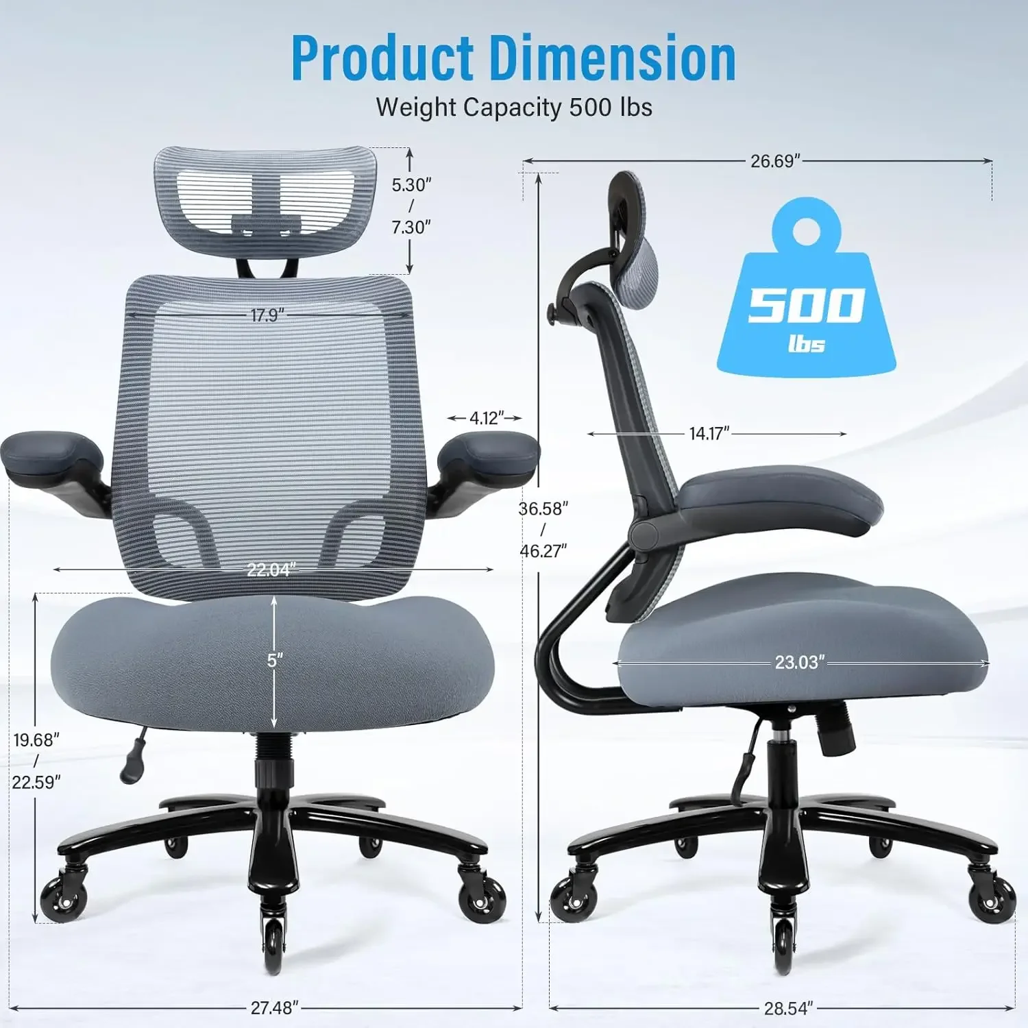 

500LBS Big and Tall Office Chair with Flip-up Armrest, Executive Chair with Adjustable Headrest, 3" Caster Wheels