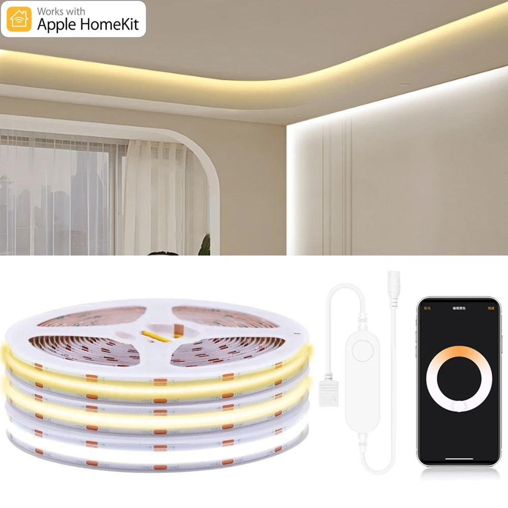 Homekit WiFi COB CCT LED Strip 12V 2m 3m 5m 10m Dimmable Flexible Wardrobe Cabinet Room Light 2700-6500K for Alexa Google Home