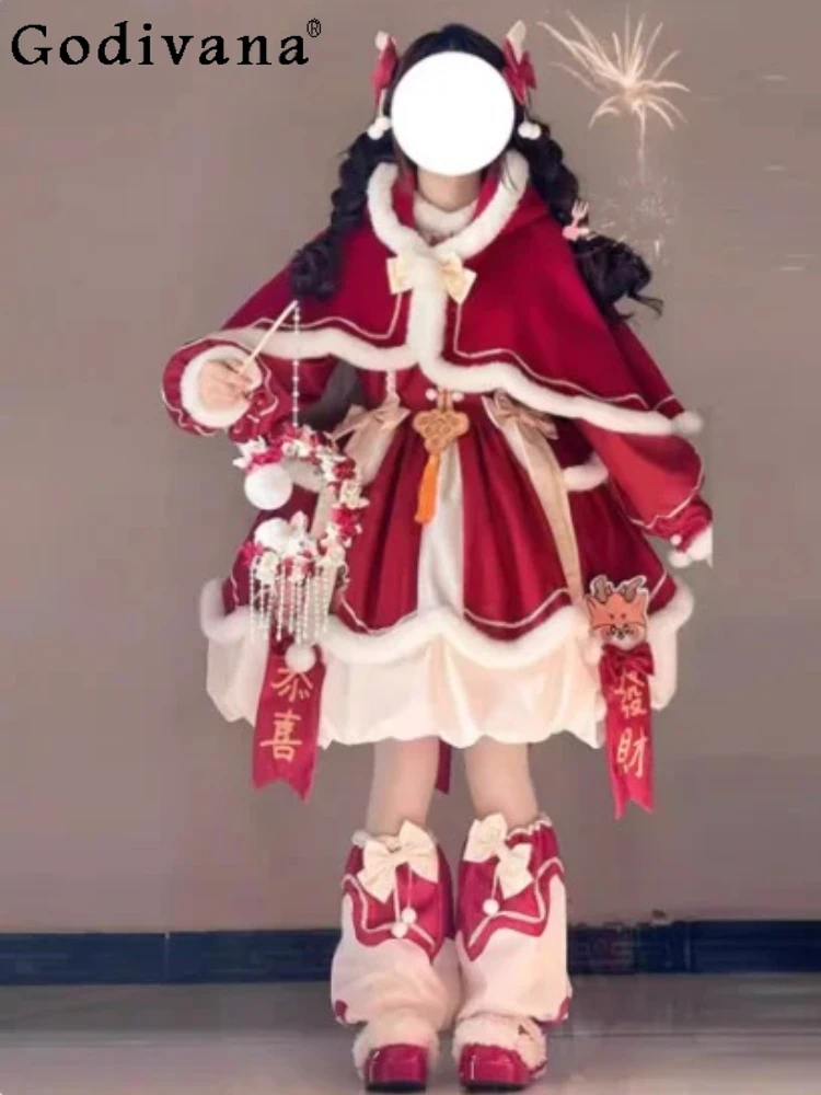 

Autumn Winter Lolita New Year Red Christmas Sweet Thickened Dress Fashion High Waist A-line Fake Two Piece Princess Dresses