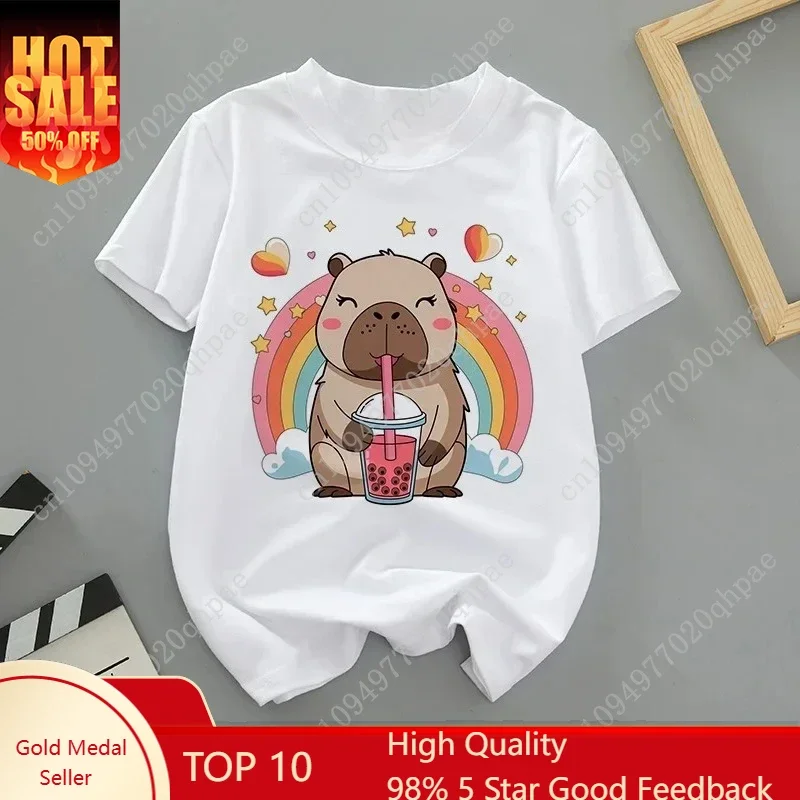 

Summer Cartoon Cute Capybara Print Children T-shirt Short-sleeved Fashion Boys and Girls Round-neck Baby Kid Tshirt Trend