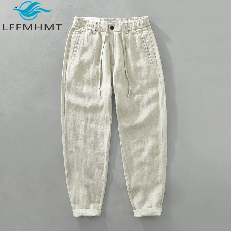 Pantalones casuales de lino 100% de buena calidad para hombre, pantalones de playa holgados y transpirables con cordón y cintura elástica, moda de verano 1606