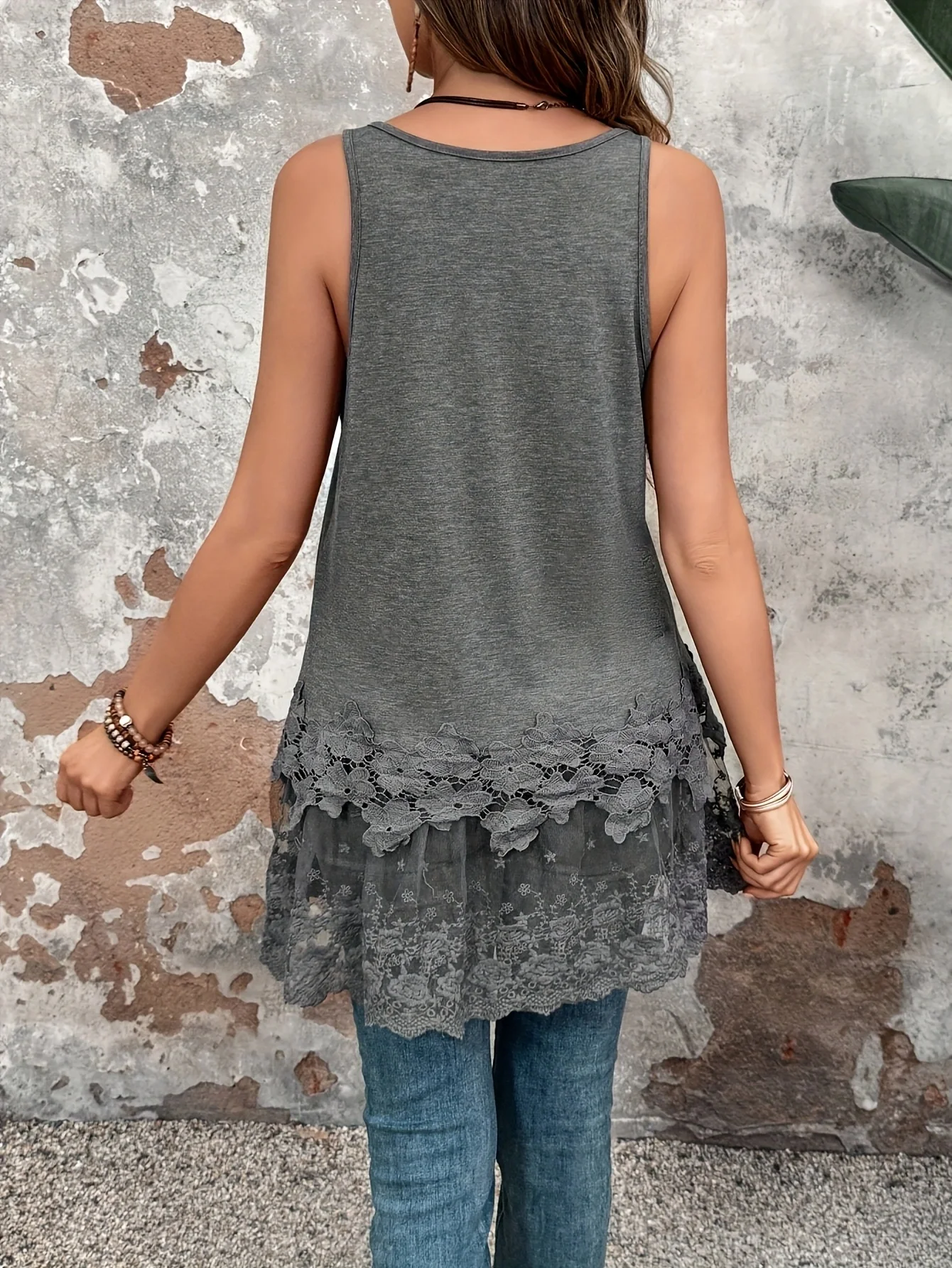 Women's Fashionable Long Vest with Contrasting Lace for Summer
