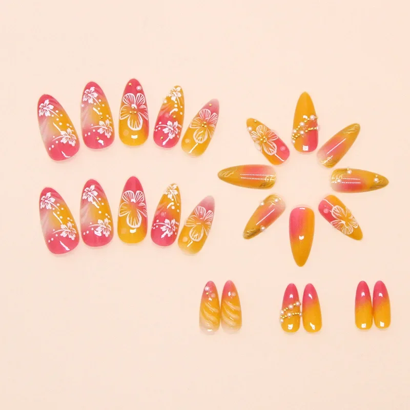 الأصفر الوردي أحمر الخدود الأظافر كاذبة 24 قطعة زهرة بيضاء أظافر وهمية نصائح Ins يمكن ارتداؤها غطاء كامل الأوروبي اللوز على شكل الصحافة على الأظافر #4