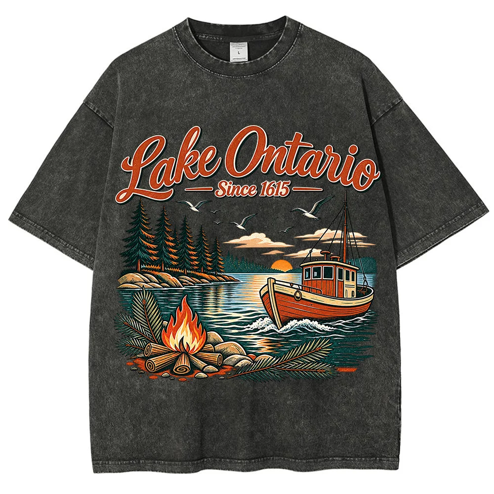 Men Vintage Lake Ontario Graphic T Shirt Outdoor Camping Fishing Boat Pine Tree Summer Casual Short Sleeve Tee  ﻿