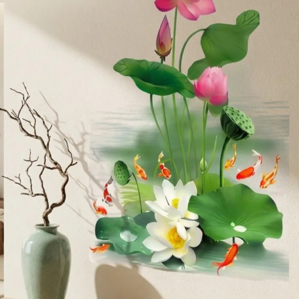 Anti-static Flower Koi Sticker Electrostatic Chinese Style Lotus Wall Sticker No Glue Reusable Glass Door Sticker for Bathroom