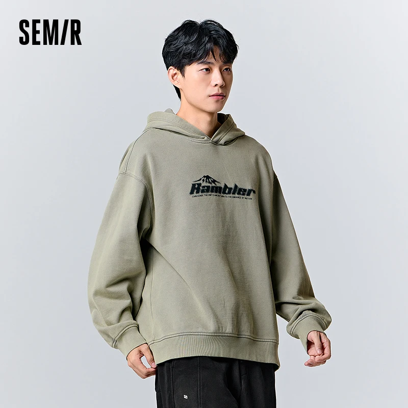 Semir Sweatshirt Men 2023 Winter New Retro Washed Hooded Letters Trendy Loose Pullover