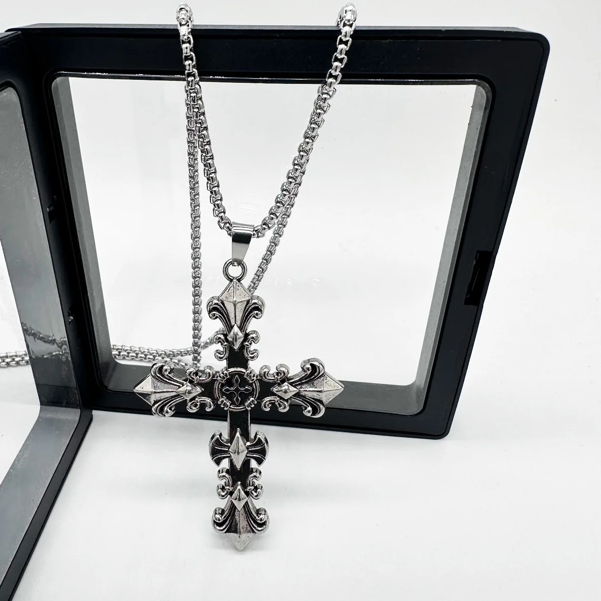 Hip-Hop Trendy Brand for Men Women Necklace Flame Cross Simple Pendant Retro Accessories Sweater Chain Jewelry Gift