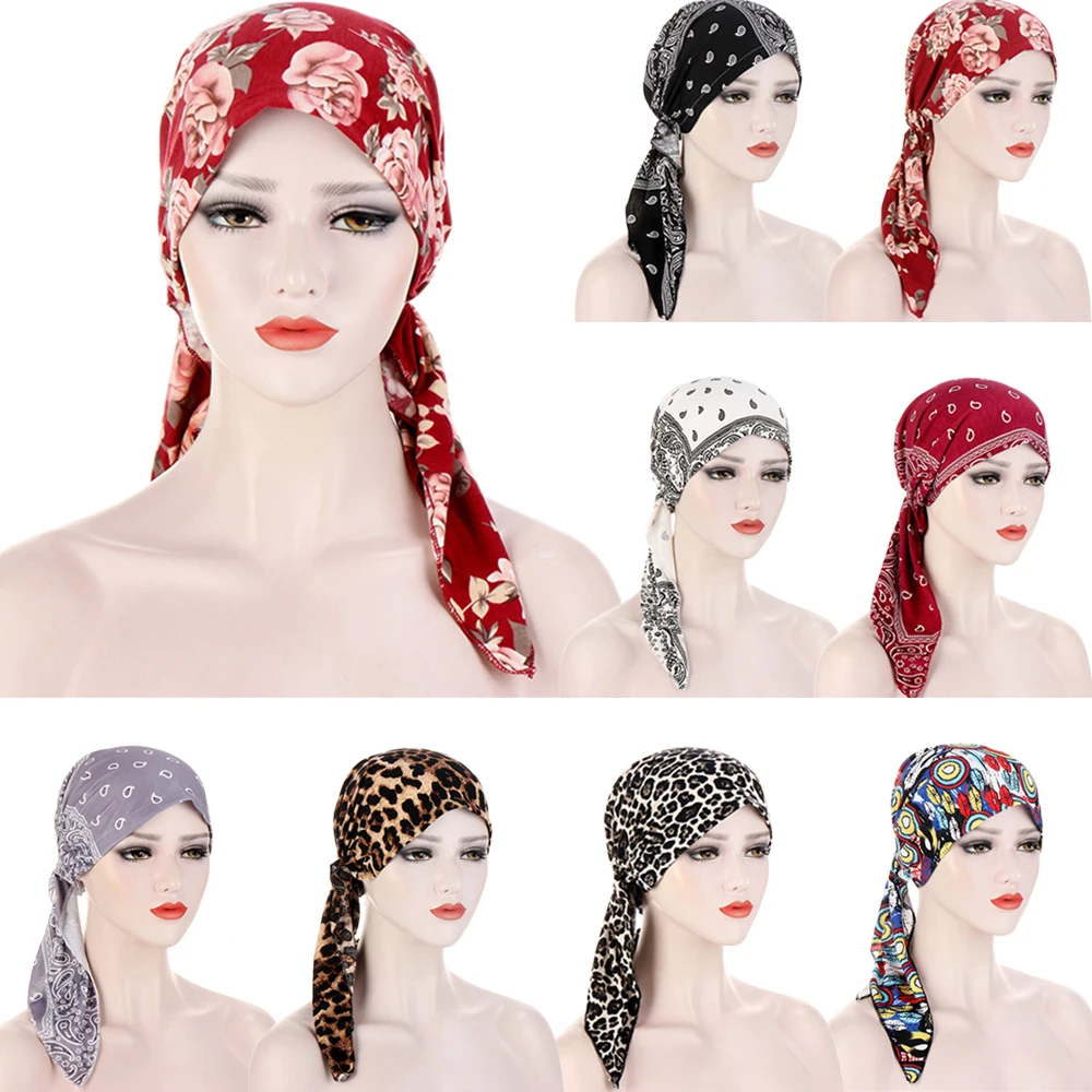 

New Fashion Muslim Inner Hijab African Print Pre-Tied Turban Chemo Cap Women Elastic Beanies Bonnet Hat Hair Loss Wrap Headscarf