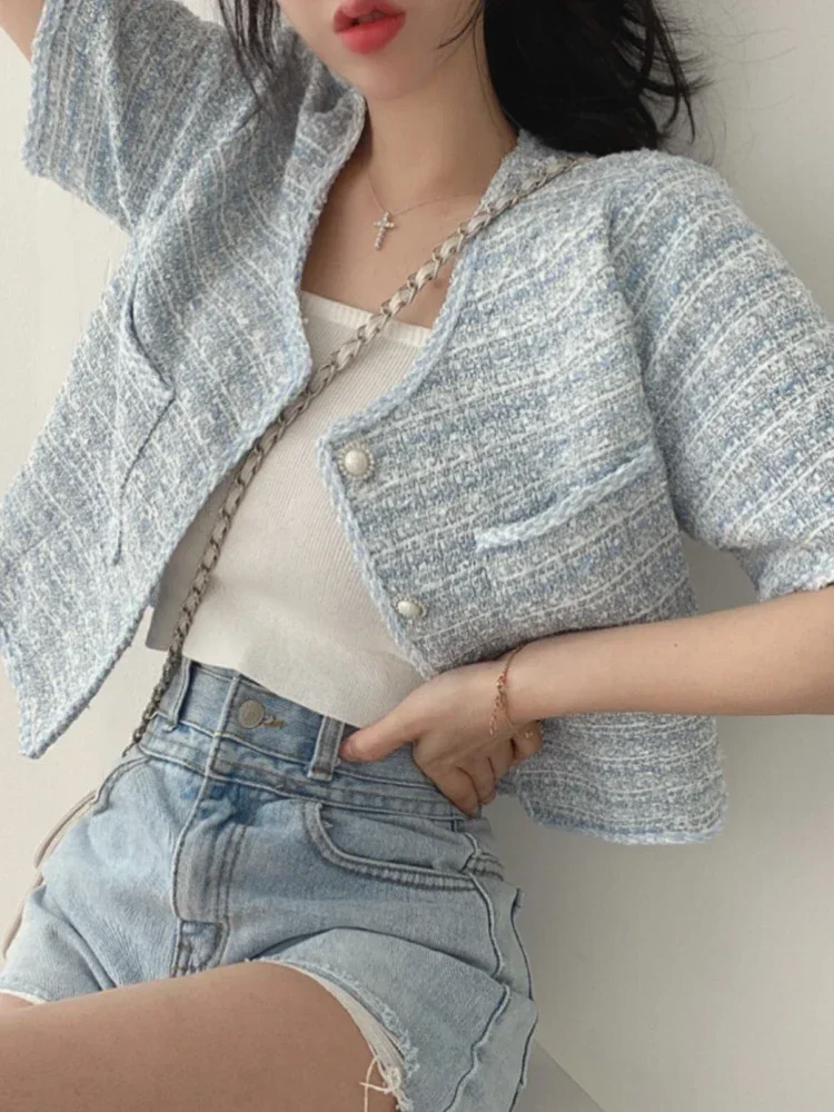 Pop Korean Chic O-neck Double Pockets Coat Women 2025 New In Summer Pearl Button Breasted Jackets Loose Short Sleeve Tweed Jacke