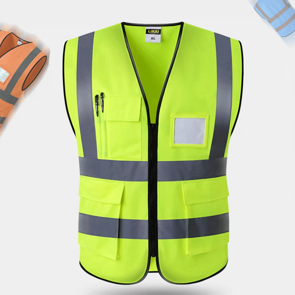 Worker Safety Vest Protection Reminder With Zipper Wear Resistant Multi Pocket Waistcoat Foldable Night Construction Reflective