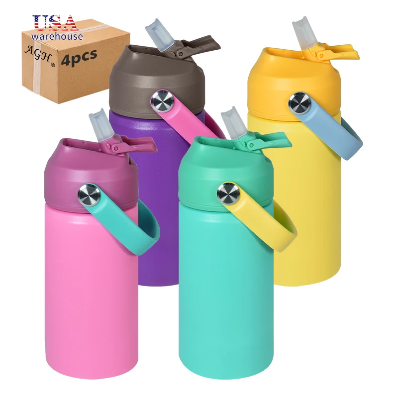 

4pcs 12oz 12oz Stainless Steel Double Wall Insulated Powder Coated Kids Water Bottle With Straw Lid He