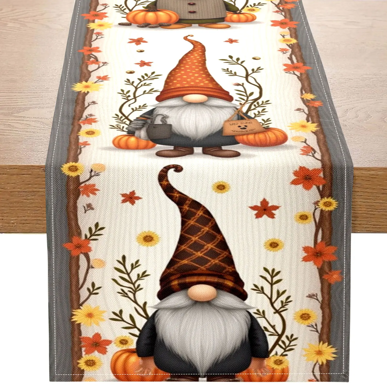 1 Piece of Autumn-Themed Table Runner, Depicting an Elf Wearing a Checkered Hat Holding a Pumpkin, Autumn Leaves, and Flowers, Suitable for Autumn and Thanksgiving Decorations