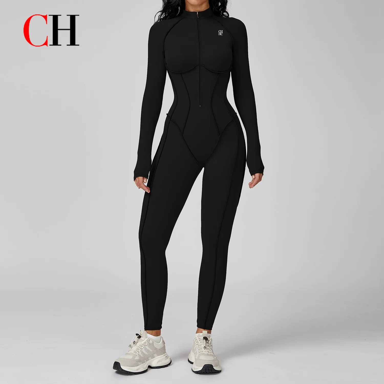 CH Western-style Color-block Stand Collar Jumpsuit Half-zip One-piece Fitness Wear Women's High-intensity Sports Yoga