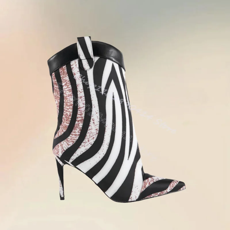 

Zebra Graffiti Print Pointed Toe Mid Calf Boots Slip On Women Shoes Thin High Heels Party Feast Dating 2024 Zapatos Para Mujere