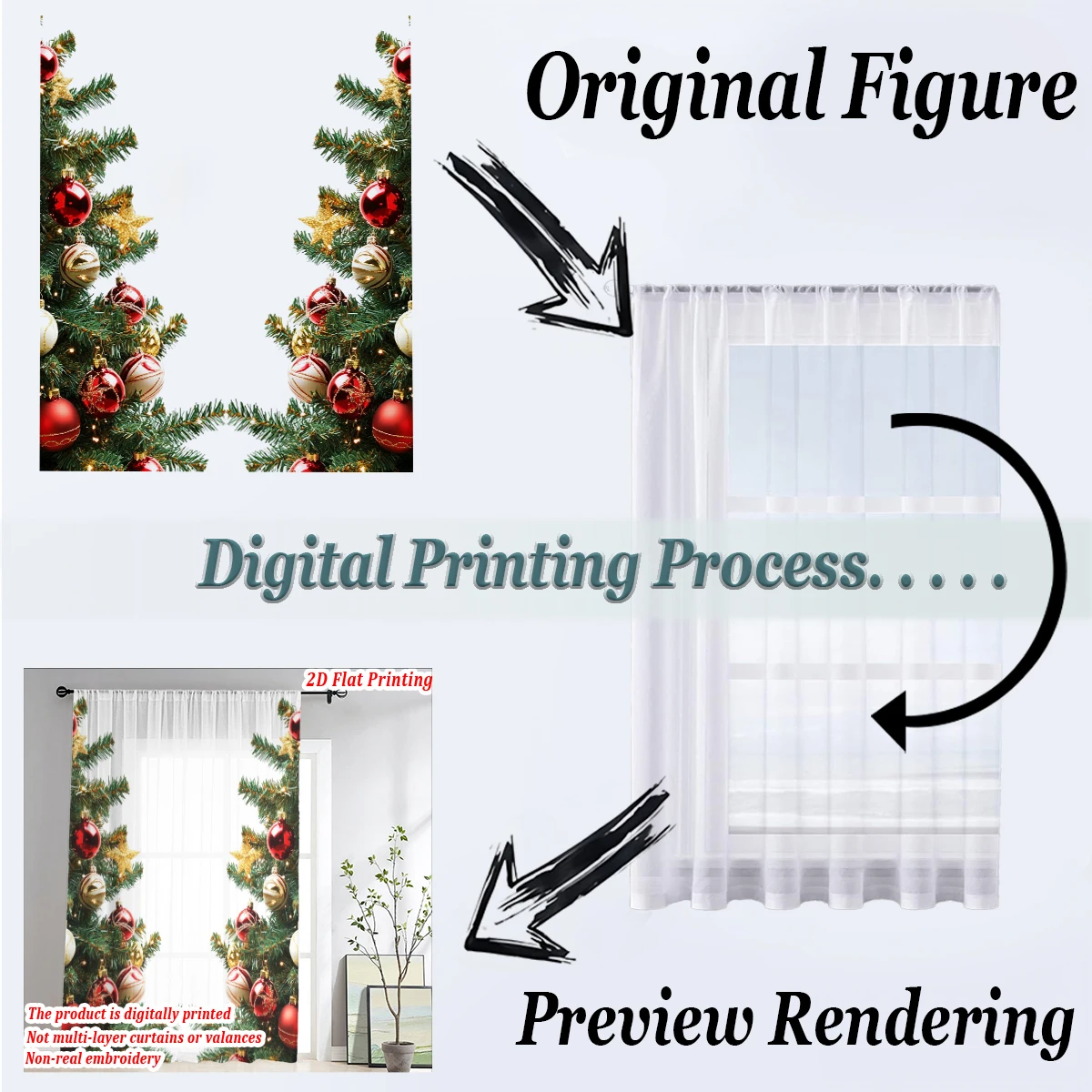 Christmas Flat Printing Sheer Curtain with Christmas Ball Star Pine Branch Ornament For Living Room Bedroom Decor Holiday Party