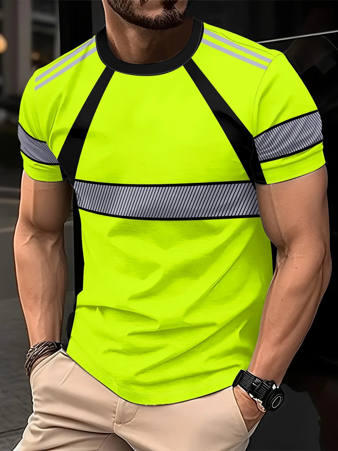 Men Sport Quick Dry T-shirt High Elastic Reflective Stripe Mesh Splicing Short Sleeve Athletic Running Workout Top