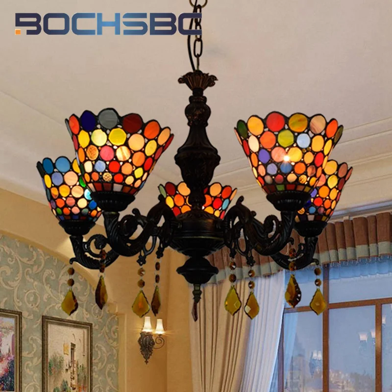 BOCHSBC Tiffany style stained glass Creative retro five head crystal Pendant lamp living room Dining Room Bedroom bar LED decor