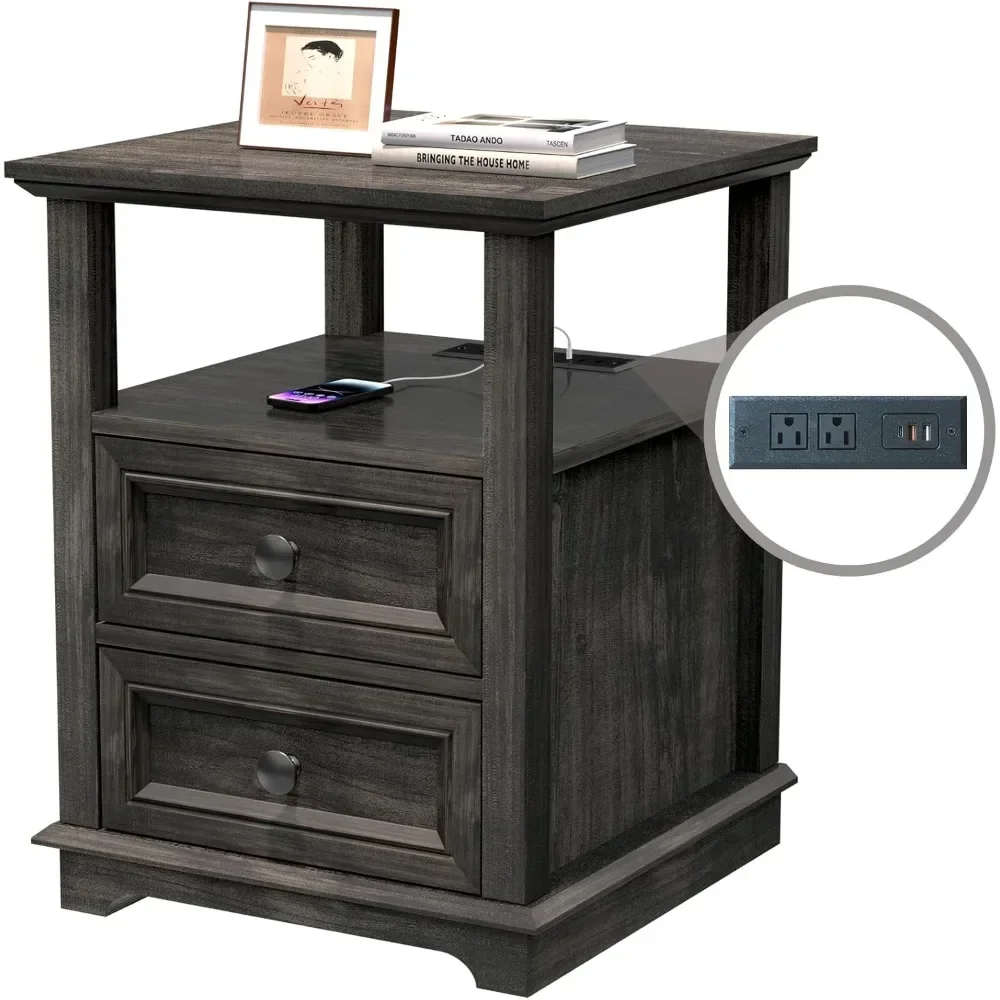 End Table with Fast USB C Charging Station,24” Tall Sofa Side Table with 2 Drawers, Large Storage Rustic Wood Square Storage