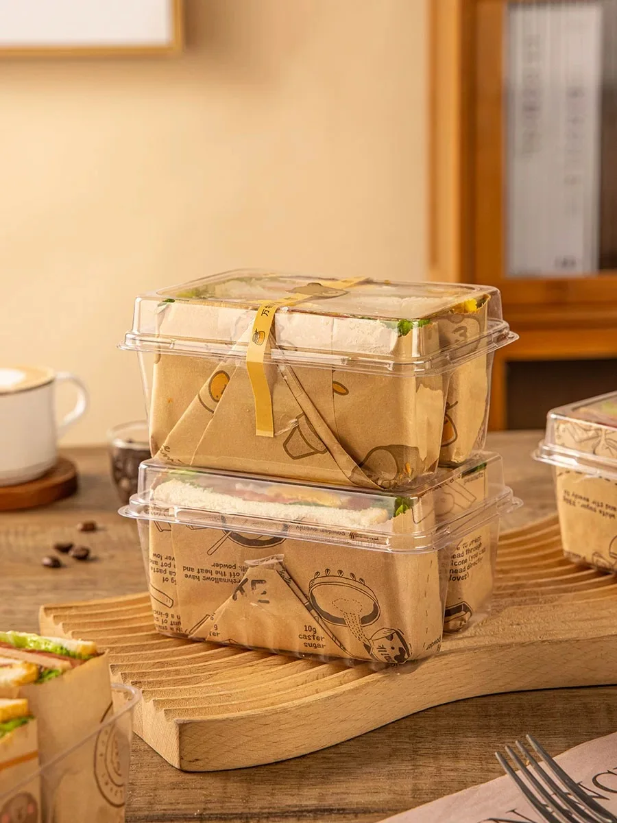 Sandwich-Verpackungsbox mit Doppelteilen, transparente, quadratische, trendige Einweg-Box für Brot und Toast, 10 Stück – Detail 6