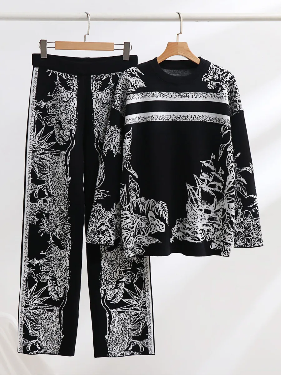 New Autumn Women's Knitting Outfits Brand Design Ink Painting Loose Knitted Sweater Jumper + Wide Leg Pants Suits Two-piece Set